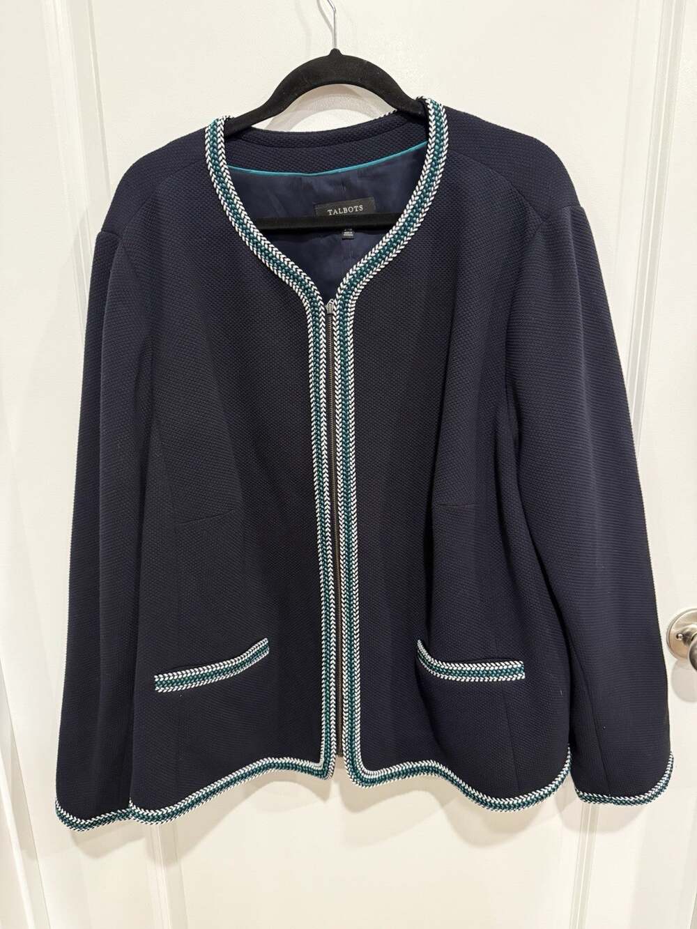 Talbots Womens Plus 24W Jacket Navy Blue Collarless Tweed Zip Front Trim Lined